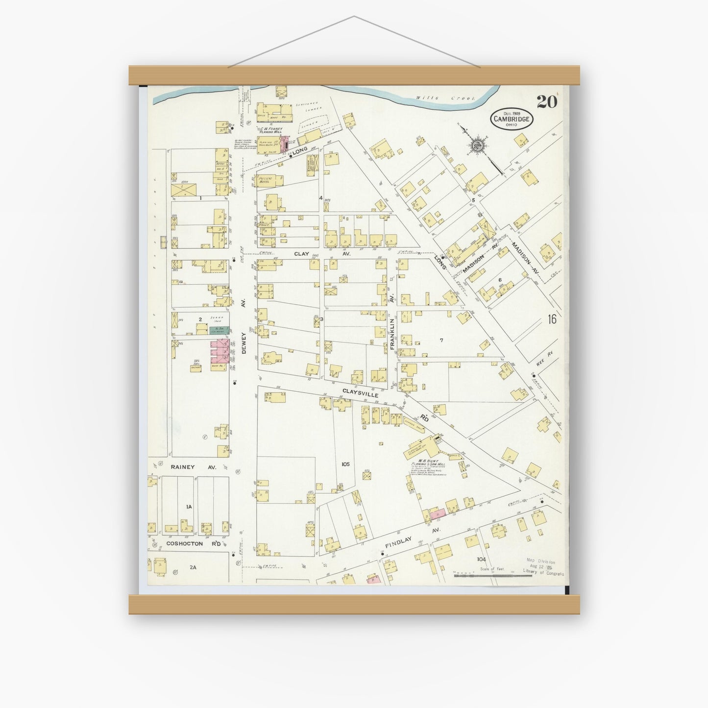 Old map wall art mockup — magnetic wood frame on white wall — Sanborn Fire Insurance Map from Cambridge, Guernsey County, Ohio (1909), Sheet #0020