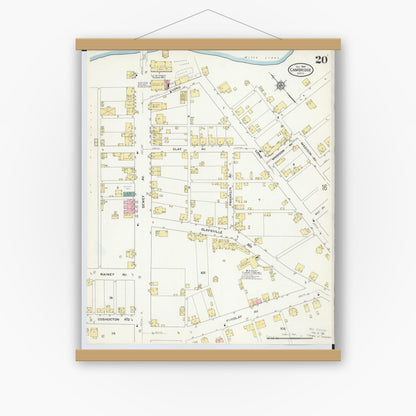 Old map wall art mockup — magnetic wood frame on white wall — Sanborn Fire Insurance Map from Cambridge, Guernsey County, Ohio (1909), Sheet #0020
