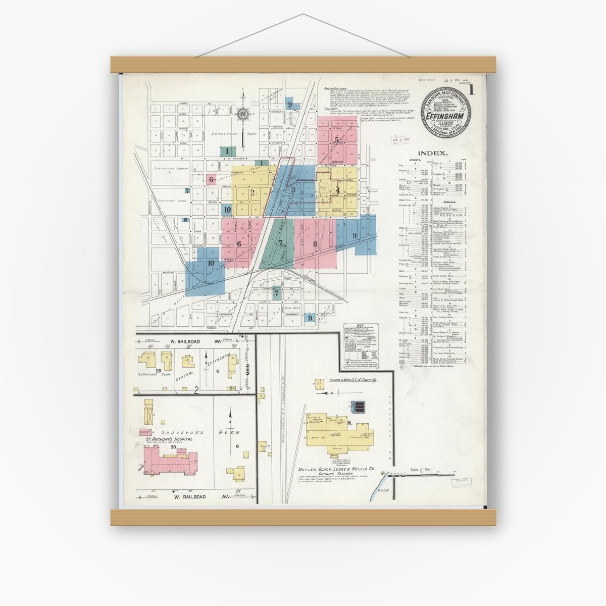 Old map wall art mockup — magnetic wood frame on white wall — Sanborn Fire Insurance Map from Effingham, Effingham County, Illinois (1911), Sheet #0001