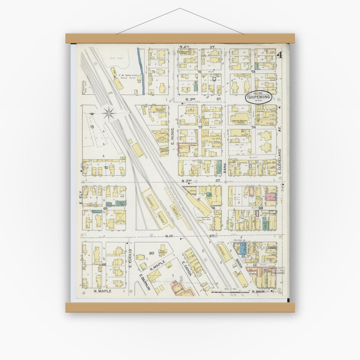 Old map wall art mockup — magnetic wood frame on white wall — Sanborn Fire Insurance Map from Ishpeming, Marquette County, Michigan (1892), Sheet #0004