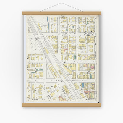 Old map wall art mockup — magnetic wood frame on white wall — Sanborn Fire Insurance Map from Ishpeming, Marquette County, Michigan (1892), Sheet #0004