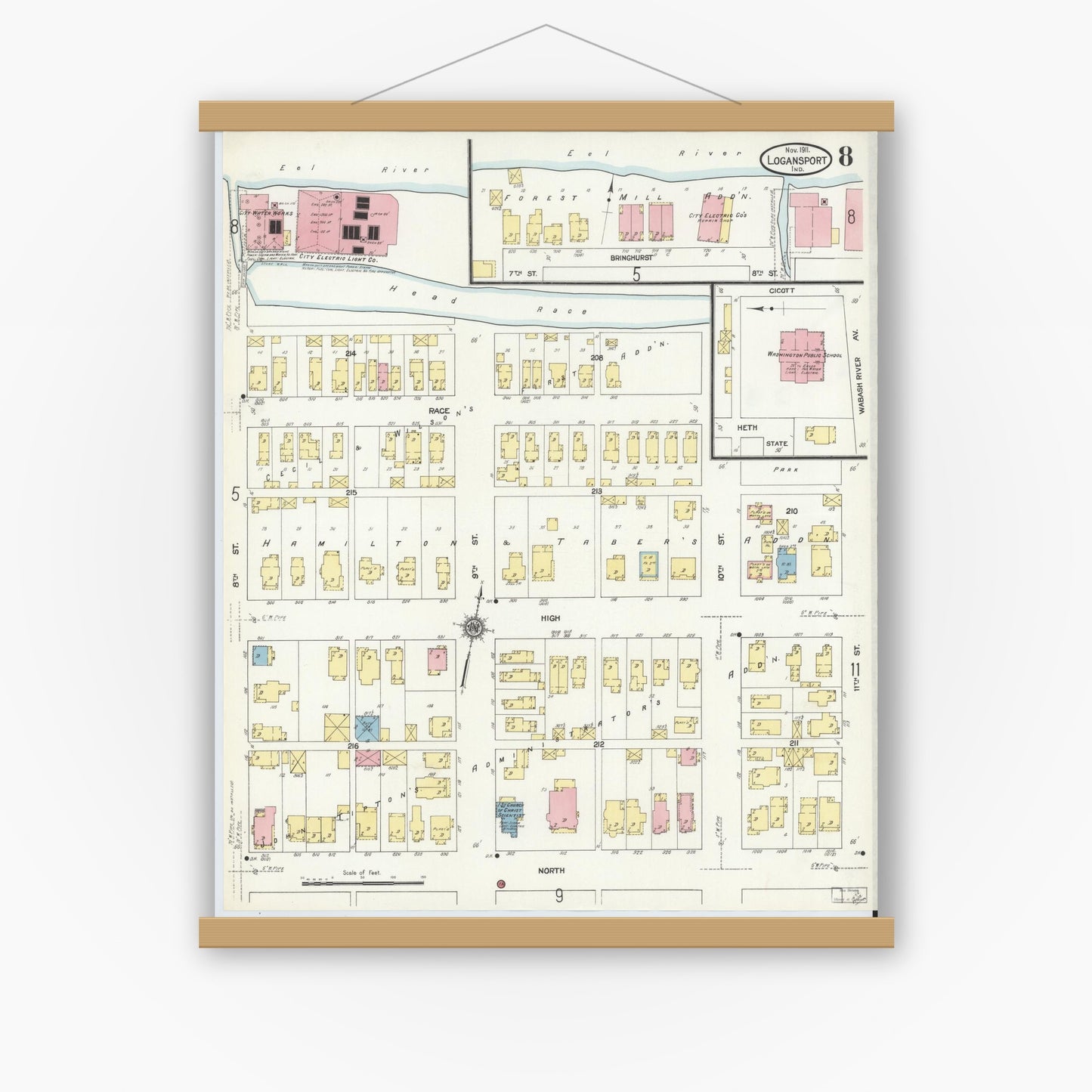 Old map wall art mockup — magnetic wood frame on white wall — Sanborn Fire Insurance Map from Logansport, Cass County, Indiana (1911), Sheet #0008