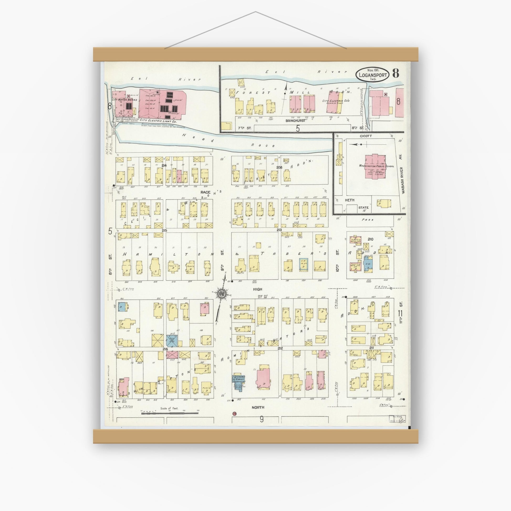 Old map wall art mockup — magnetic wood frame on white wall — Sanborn Fire Insurance Map from Logansport, Cass County, Indiana (1911), Sheet #0008