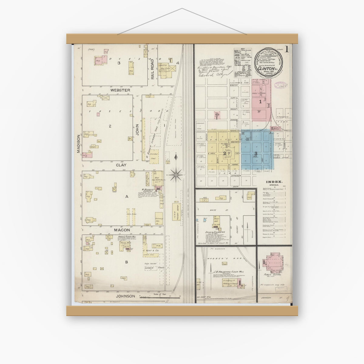 Old map wall art mockup — magnetic wood frame on white wall — Sanborn Fire Insurance Map from Clinton, De Witt County, Illinois (1887) - Complete Map Set