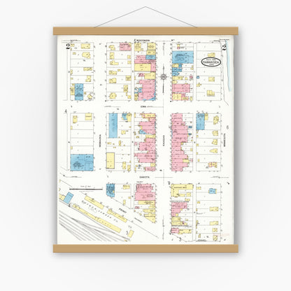 Old map wall art mockup — magnetic wood frame on white wall — Sanborn Fire Insurance Map from Hawarden, Sioux County, Iowa (1924), Sheet #0002