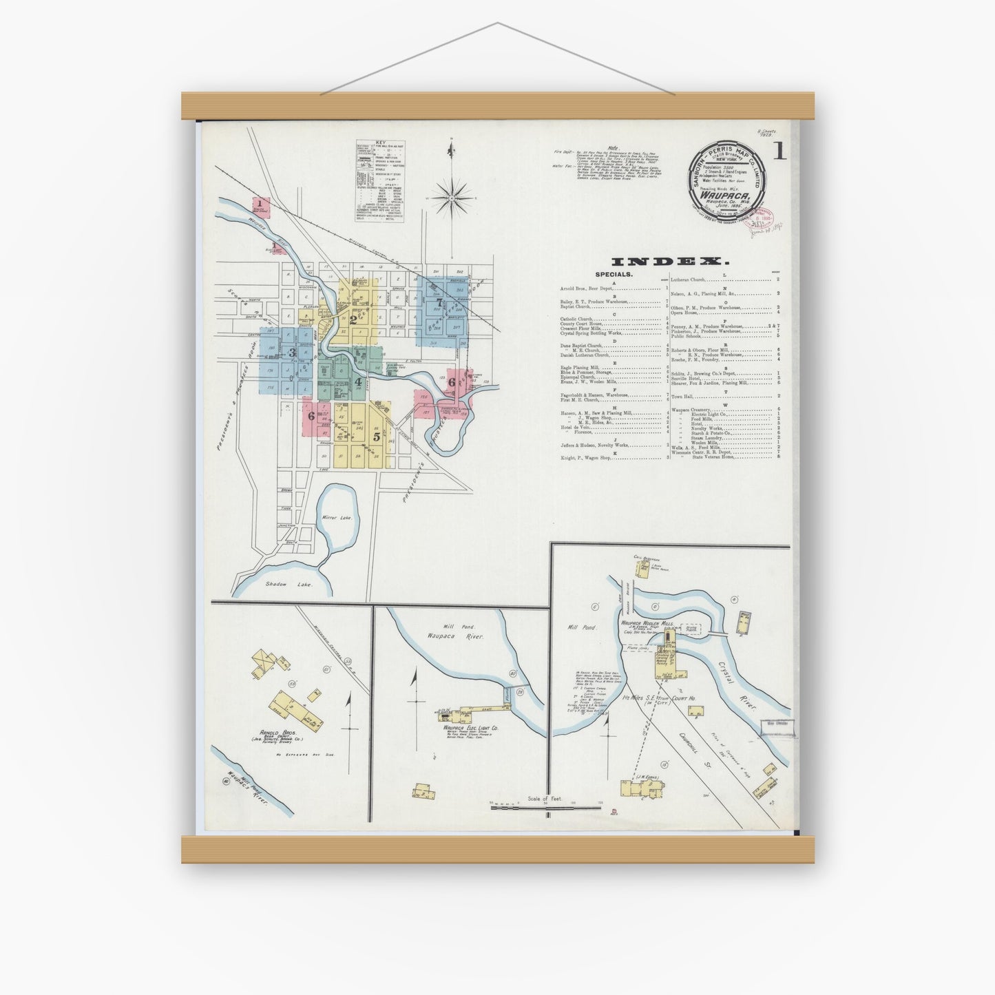 Old map wall art mockup — magnetic wood frame on white wall — Sanborn Fire Insurance Map from Waupaca, Waupaca County, Wisconsin (1895) - Complete Map Set