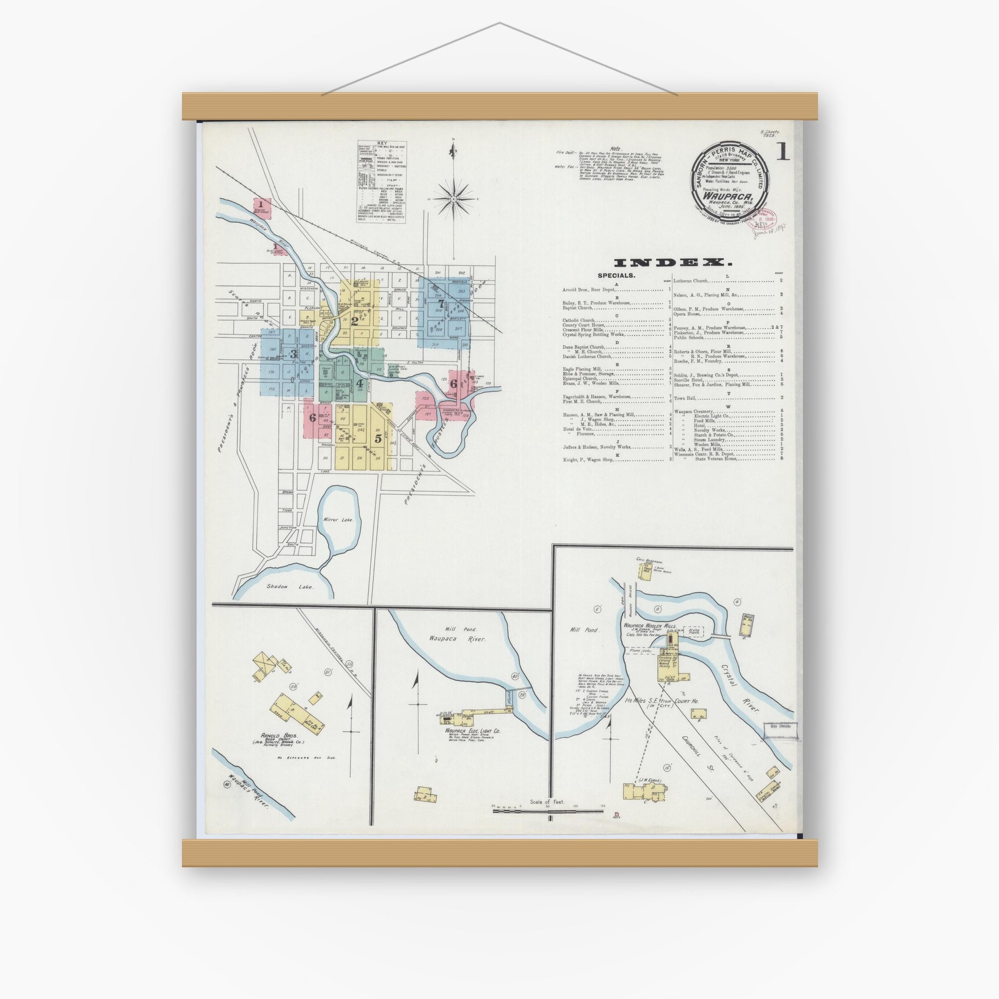 Old map wall art mockup — magnetic wood frame on white wall — Sanborn Fire Insurance Map from Waupaca, Waupaca County, Wisconsin (1895) - Complete Map Set