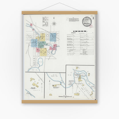 Old map wall art mockup — magnetic wood frame on white wall — Sanborn Fire Insurance Map from Waupaca, Waupaca County, Wisconsin (1895) - Complete Map Set