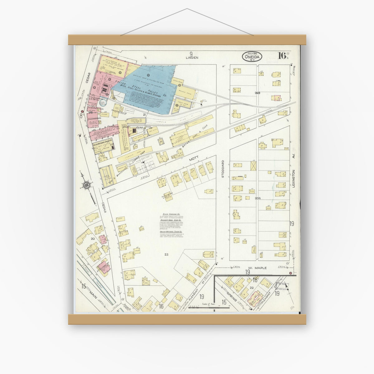 Old map wall art mockup — magnetic wood frame on white wall — Sanborn Fire Insurance Map from Oneida, Madison County, New York (1914), Sheet #0016
