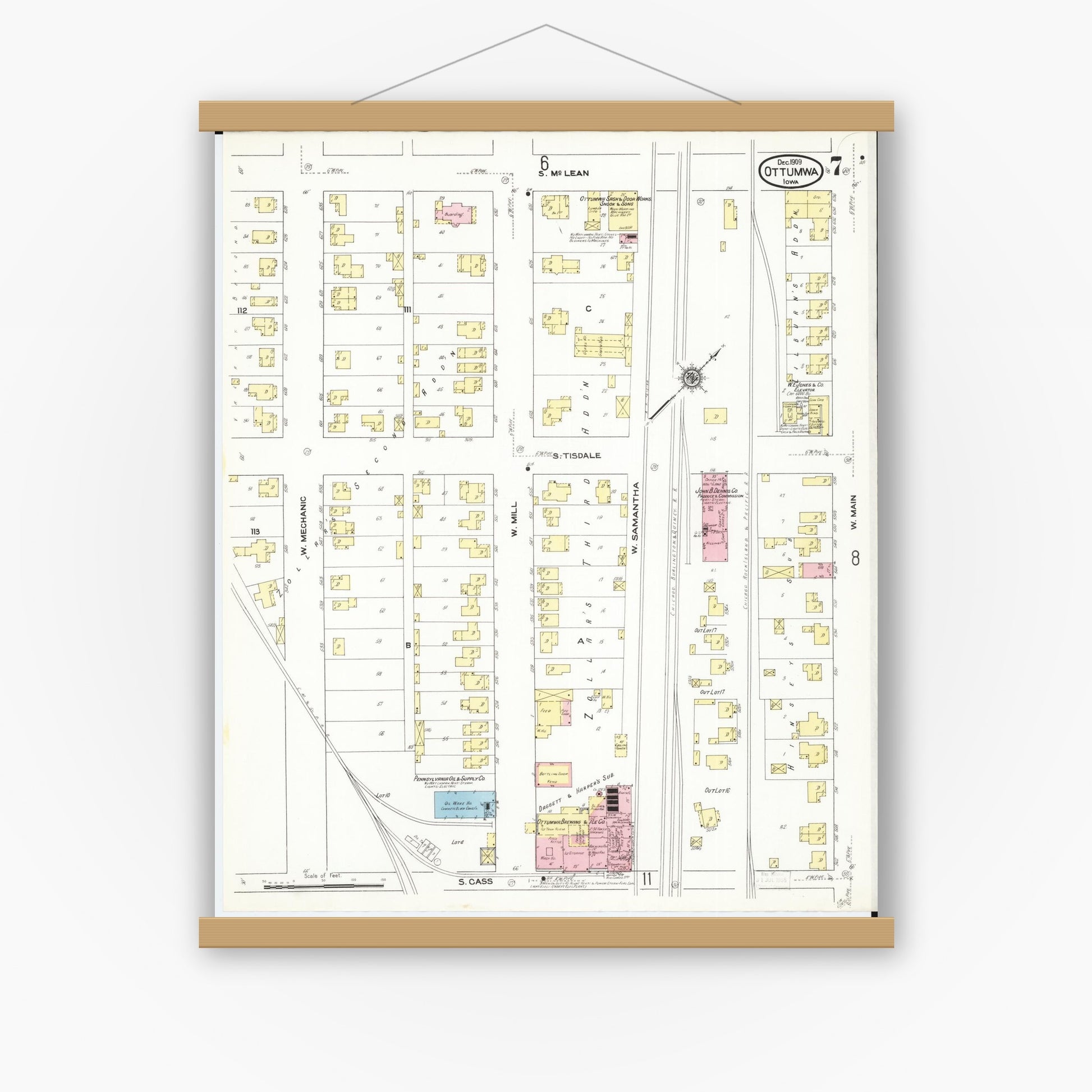 Old map wall art mockup — magnetic wood frame on white wall — Sanborn Fire Insurance Map from Ottumwa, Wapello County, Iowa (1909), Sheet #0007
