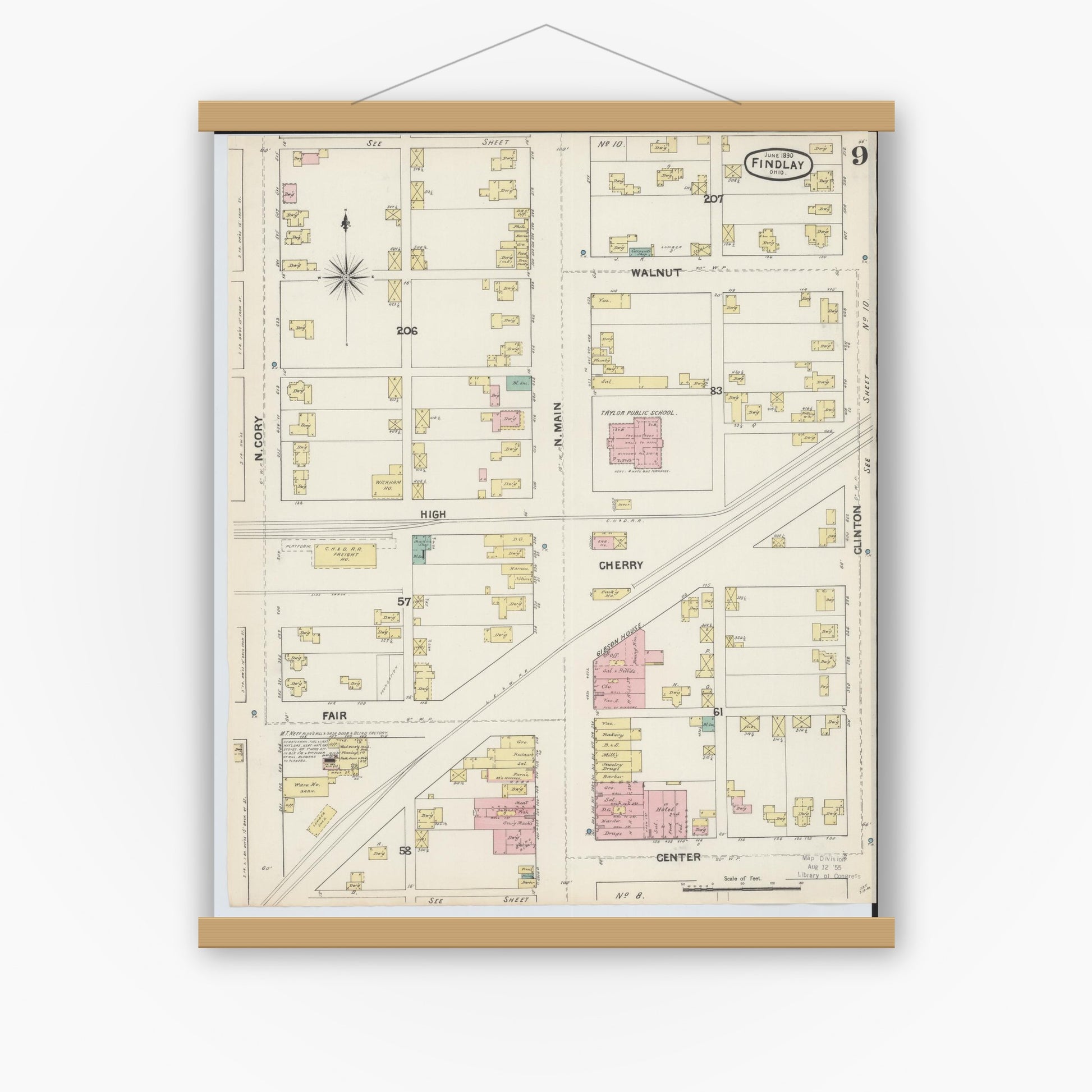 Old map wall art mockup — magnetic wood frame on white wall — Sanborn Fire Insurance Map from Findlay, Hancock County, Ohio (1890), Sheet #0009