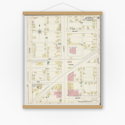 Old map wall art mockup — magnetic wood frame on white wall — Sanborn Fire Insurance Map from Findlay, Hancock County, Ohio (1890), Sheet #0009