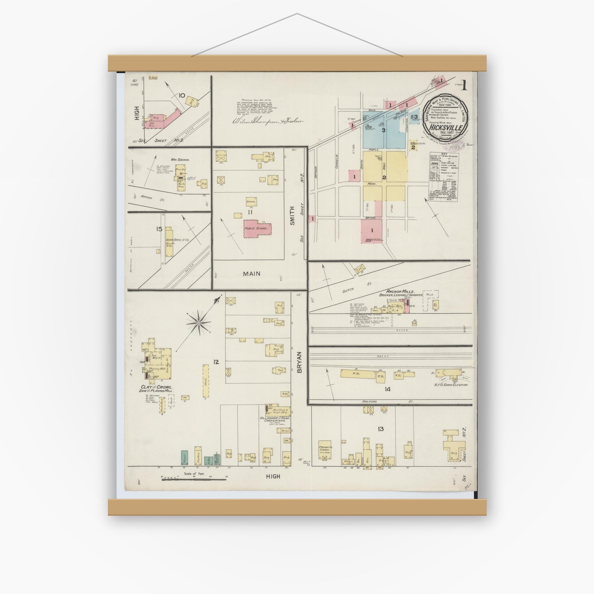 Old map wall art mockup — magnetic wood frame on white wall — Sanborn Fire Insurance Map from Hicksville, Defiance County, Ohio (1887), Sheet #0001