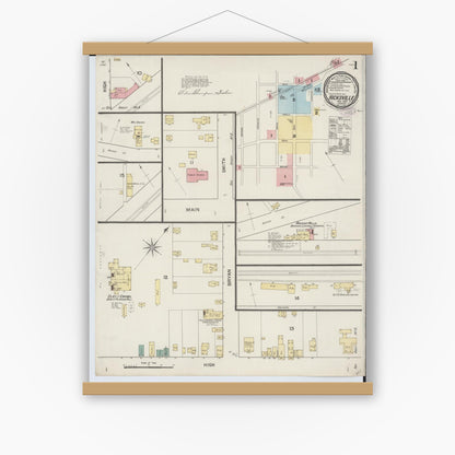 Old map wall art mockup — magnetic wood frame on white wall — Sanborn Fire Insurance Map from Hicksville, Defiance County, Ohio (1887), Sheet #0001