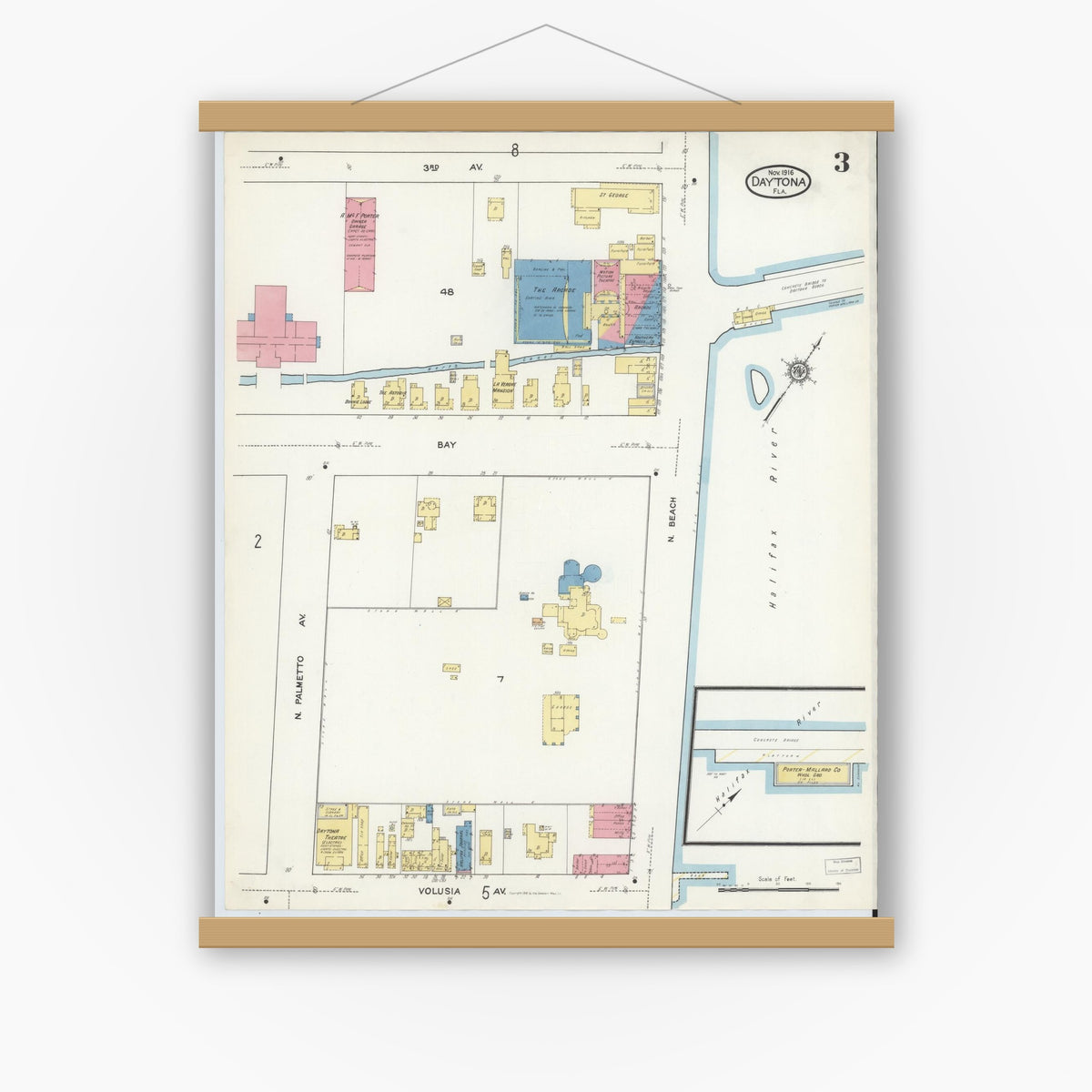 Old map wall art mockup — magnetic wood frame on white wall — Sanborn Fire Insurance Map from Daytona, Volusia County, Florida (1916), Sheet #0003