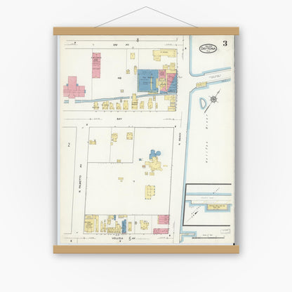 Old map wall art mockup — magnetic wood frame on white wall — Sanborn Fire Insurance Map from Daytona, Volusia County, Florida (1916), Sheet #0003