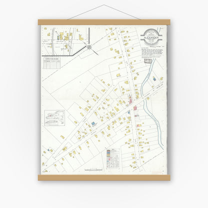 Old map wall art mockup — magnetic wood frame on white wall — Sanborn Fire Insurance Map from Alexander, Genesee County, New York (1933), Sheet #0001