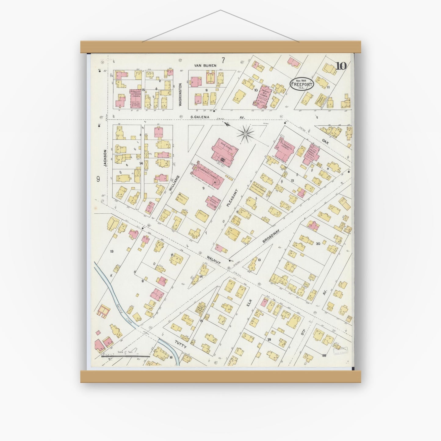 Old map wall art mockup — magnetic wood frame on white wall — Sanborn Fire Insurance Map from Freeport, Stephenson County, Illinois (1904), Sheet #0010