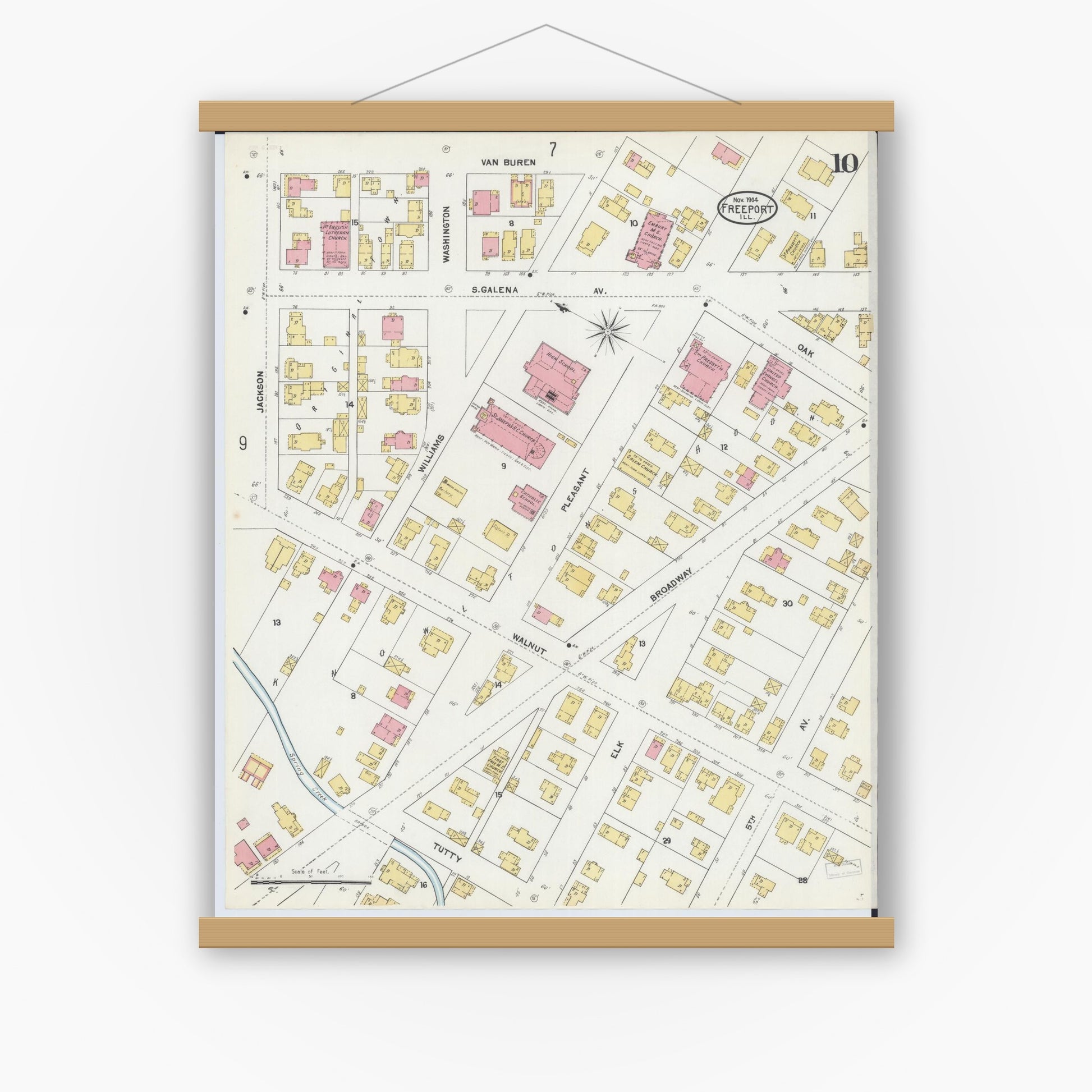 Old map wall art mockup — magnetic wood frame on white wall — Sanborn Fire Insurance Map from Freeport, Stephenson County, Illinois (1904), Sheet #0010