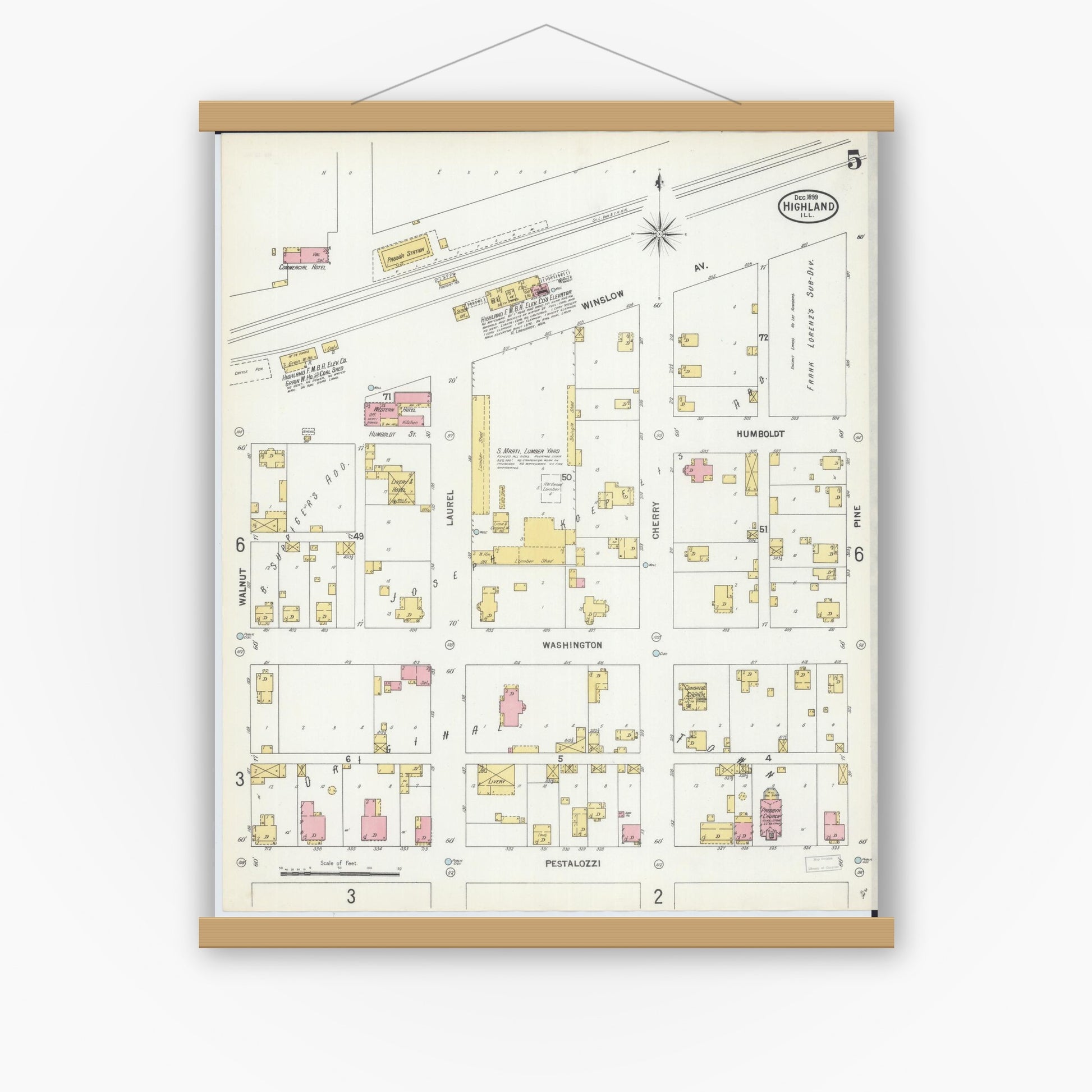 Old map wall art mockup — magnetic wood frame on white wall — Sanborn Fire Insurance Map from Highland, Madison County, Illinois (1899), Sheet #0005