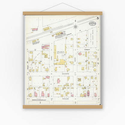 Old map wall art mockup — magnetic wood frame on white wall — Sanborn Fire Insurance Map from Highland, Madison County, Illinois (1899), Sheet #0005