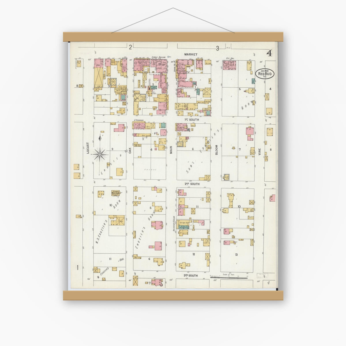 Old map wall art mockup — magnetic wood frame on white wall — Sanborn Fire Insurance Map from Red Bud, Randolph County, Illinois (1900), Sheet #0004
