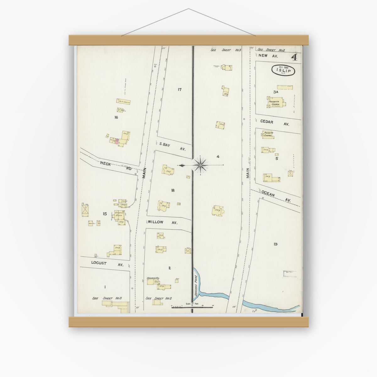 Old map wall art mockup — magnetic wood frame on white wall — Sanborn Fire Insurance Map from Islip, Suffolk County, New York (1890), Sheet #0004