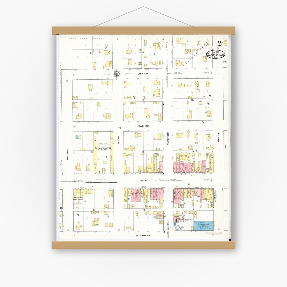 Old map wall art mockup — magnetic wood frame on white wall — Sanborn Fire Insurance Map from Clarksville, Butler County, Iowa (1915), Sheet #0002