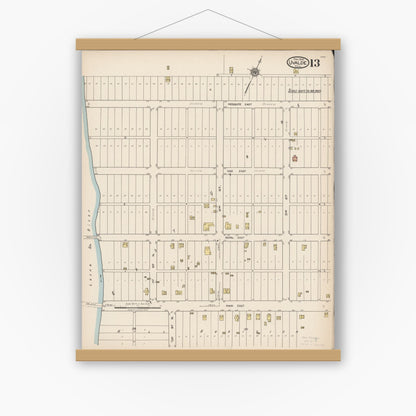 Old map wall art mockup — magnetic wood frame on white wall — Sanborn Fire Insurance Map from Uvalde, Uvalde County, Texas (1922), Sheet #0013