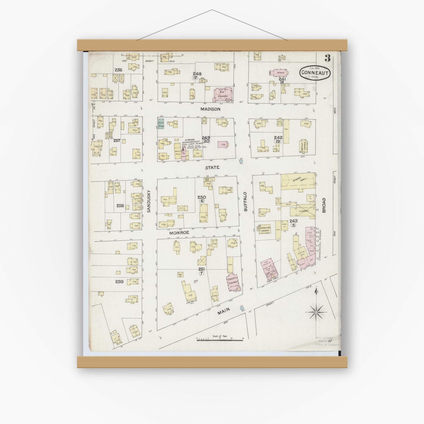 Old map wall art mockup — magnetic wood frame on white wall — Sanborn Fire Insurance Map from Conneaut, Ashtabula County, Ohio (1889), Sheet #0003