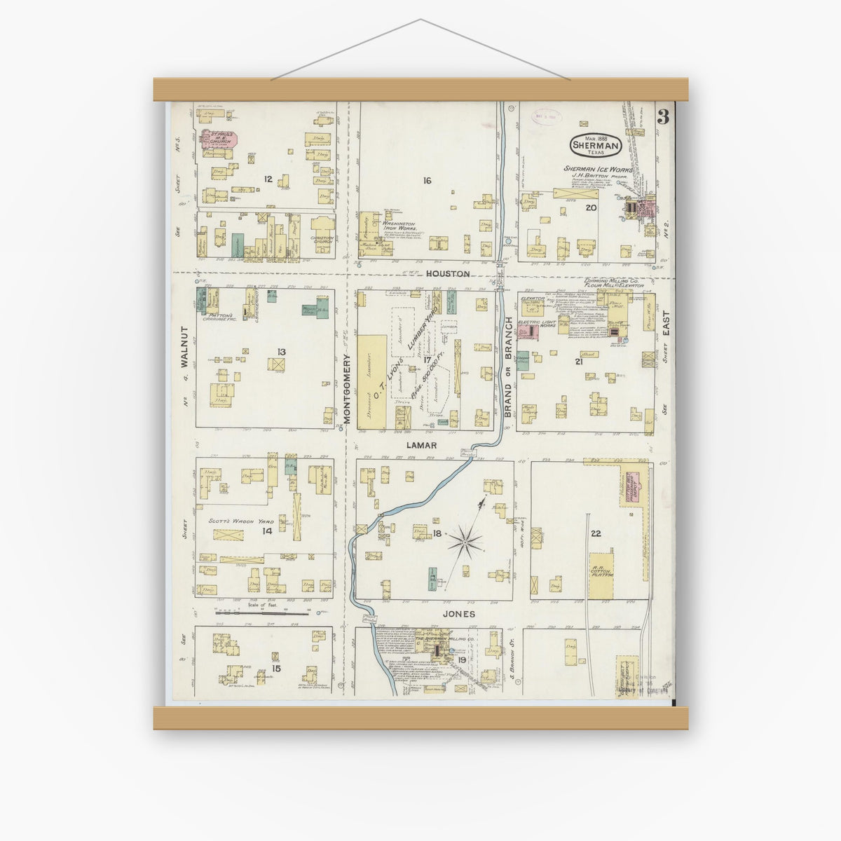Old map wall art mockup — magnetic wood frame on white wall — Sanborn Fire Insurance Map from Sherman, Grayson County, Texas (1888), Sheet #0003