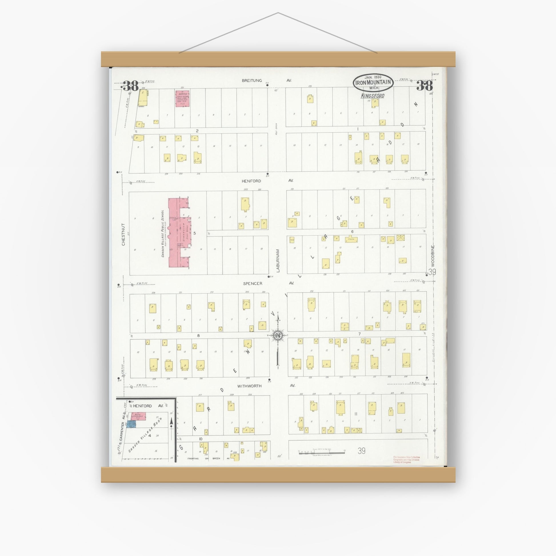 Old map wall art mockup — magnetic wood frame on white wall — Sanborn Fire Insurance Map from Iron Mountain, Dickinson County, Michigan (1930), Sheet #0038