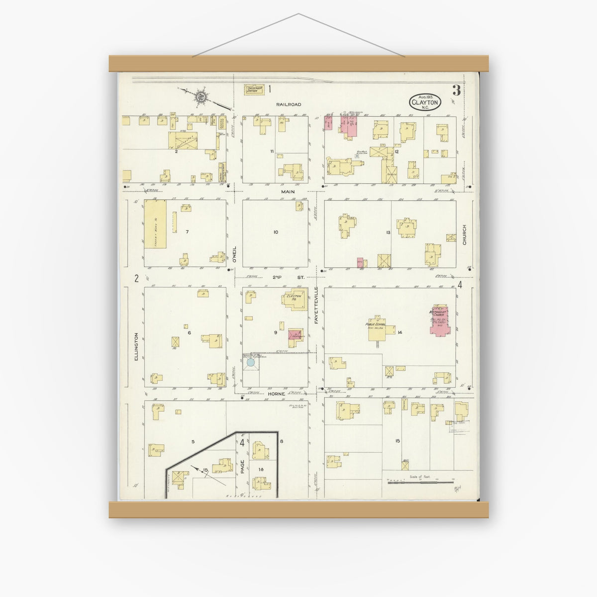 Old map wall art mockup — magnetic wood frame on white wall — Sanborn Fire Insurance Map from Clayton, Johnston County, North Carolina (1913), Sheet #0003