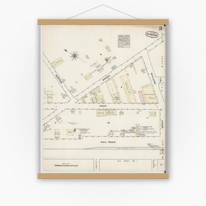 Old map wall art mockup — magnetic wood frame on white wall — Sanborn Fire Insurance Map from Durham, Durham County, North Carolina (1884), Sheet #0003