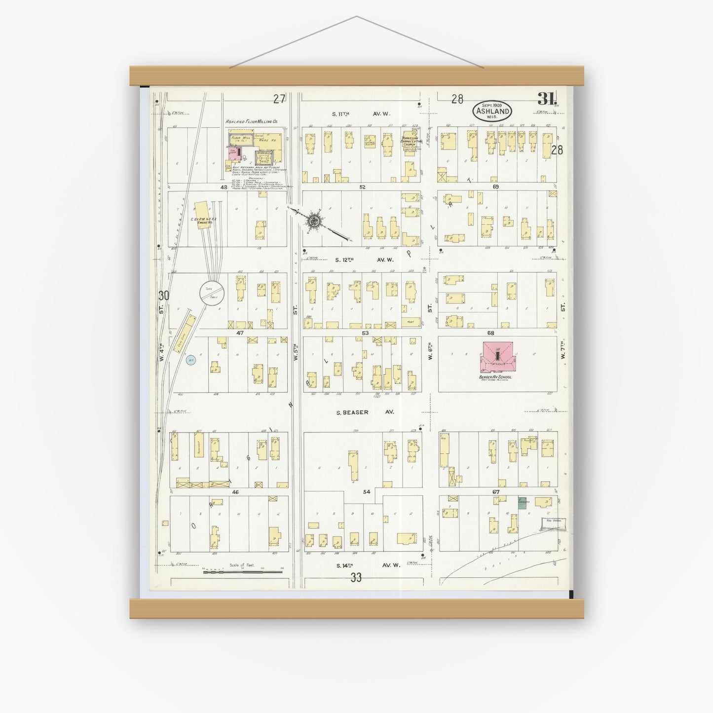 Old map wall art mockup — magnetic wood frame on white wall — Sanborn Fire Insurance Map from Ashland, Ashland County, Wisconsin (1909), Sheet #0031