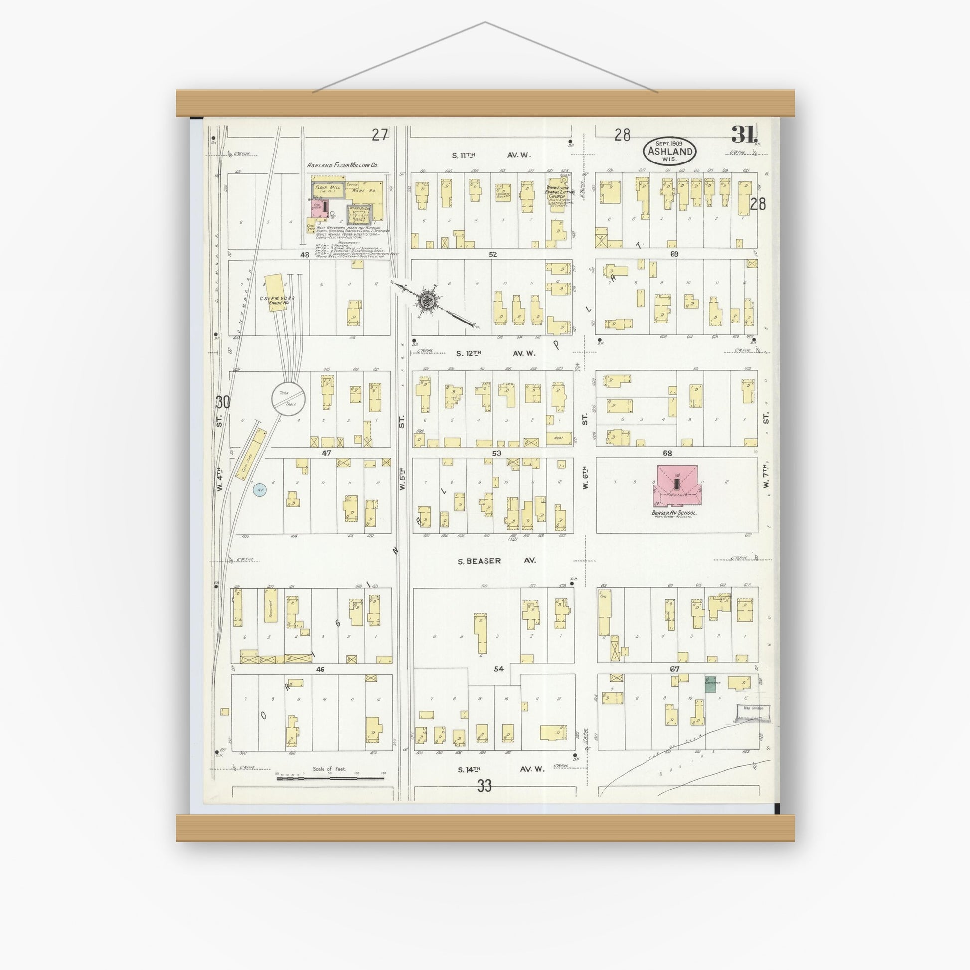 Old map wall art mockup — magnetic wood frame on white wall — Sanborn Fire Insurance Map from Ashland, Ashland County, Wisconsin (1909), Sheet #0031
