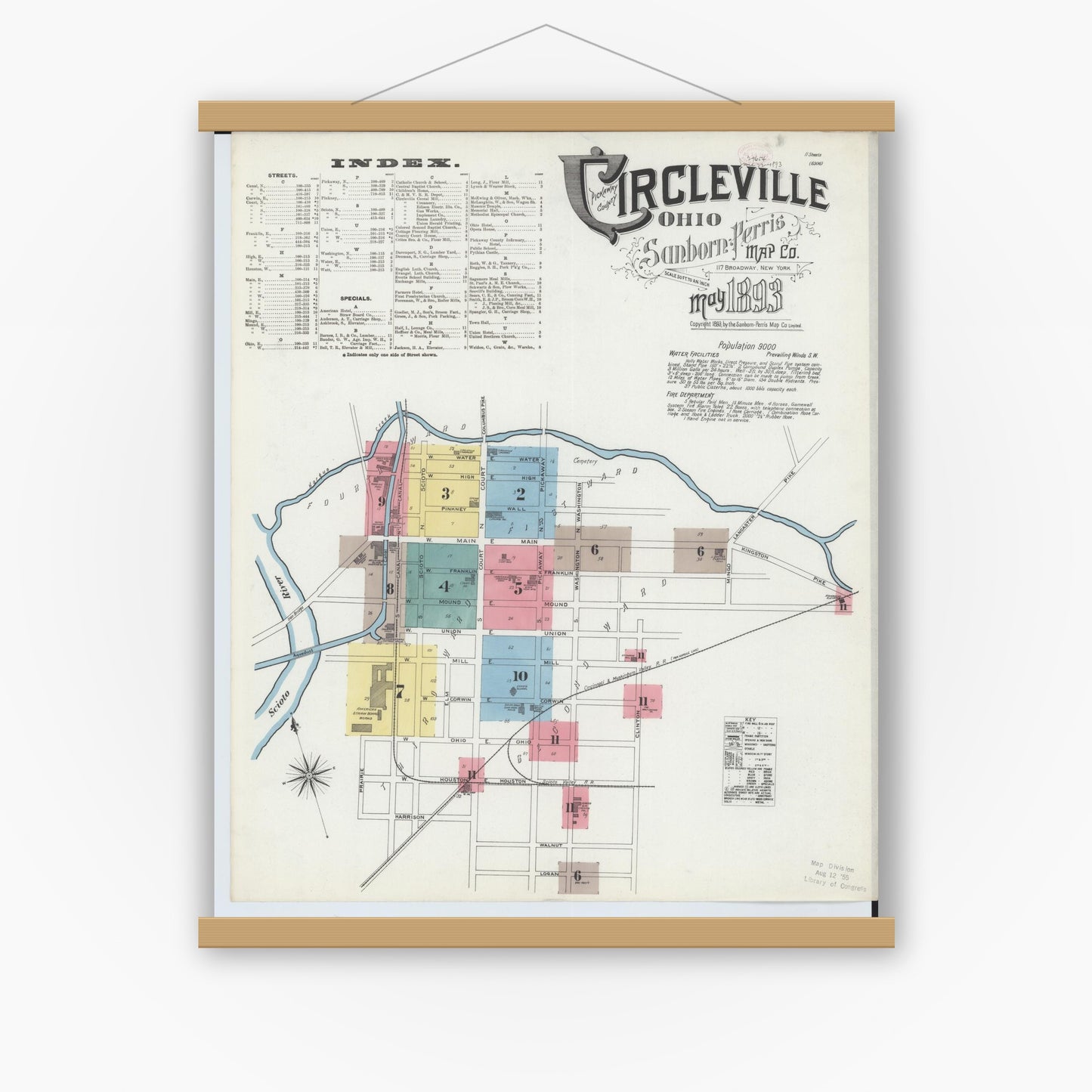 Old map wall art mockup — magnetic wood frame on white wall — Sanborn Fire Insurance Map from Circleville, Pickaway County, Ohio (1893) - Complete Map Set