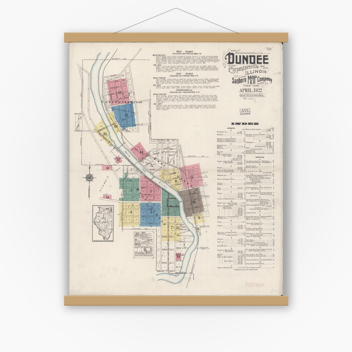 Old map wall art mockup — magnetic wood frame on white wall — Sanborn Fire Insurance Map from Dundee, Kane County, Illinois (1922), Sheet #0001