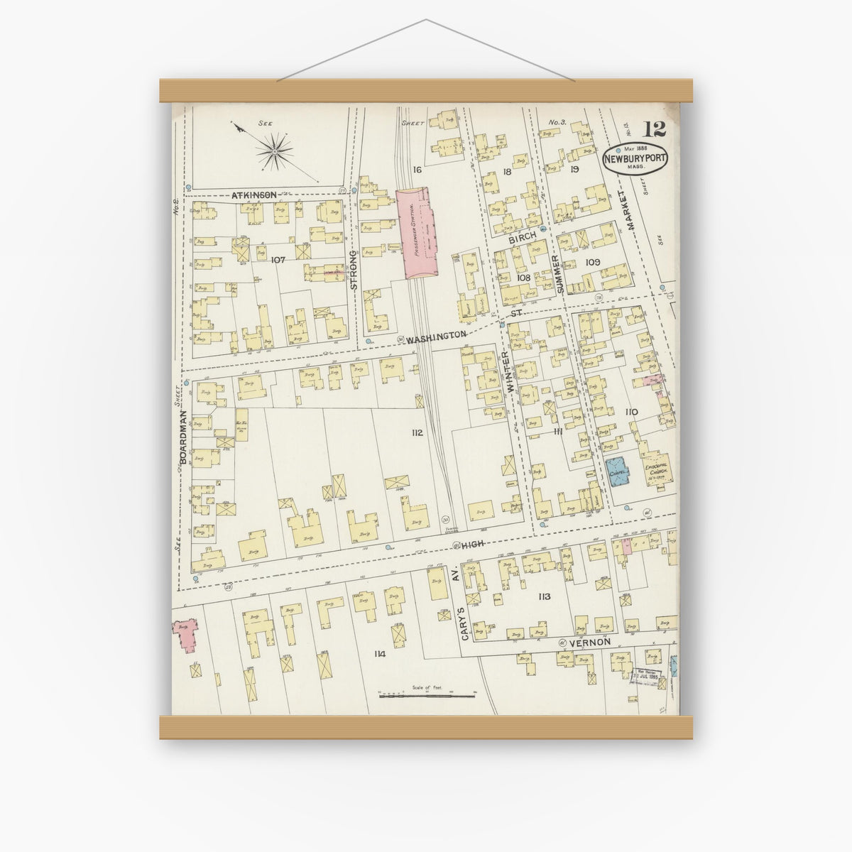 Old map wall art mockup — magnetic wood frame on white wall — Sanborn Fire Insurance Map from Newburyport, Essex County, Massachusetts (1888), Sheet #0012