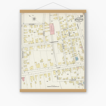 Old map wall art mockup — magnetic wood frame on white wall — Sanborn Fire Insurance Map from Newburyport, Essex County, Massachusetts (1888), Sheet #0012