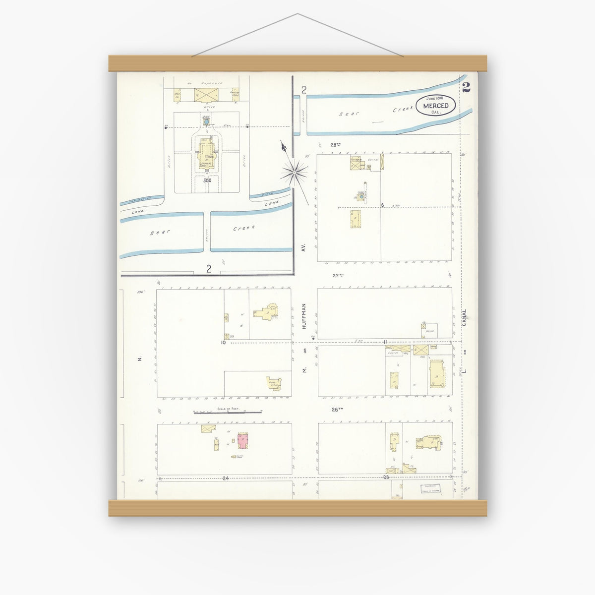 Old map wall art mockup — magnetic wood frame on white wall — Sanborn Fire Insurance Map from Merced, Merced County, California (1898), Sheet #0002