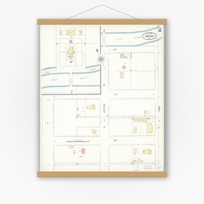 Old map wall art mockup — magnetic wood frame on white wall — Sanborn Fire Insurance Map from Merced, Merced County, California (1898), Sheet #0002