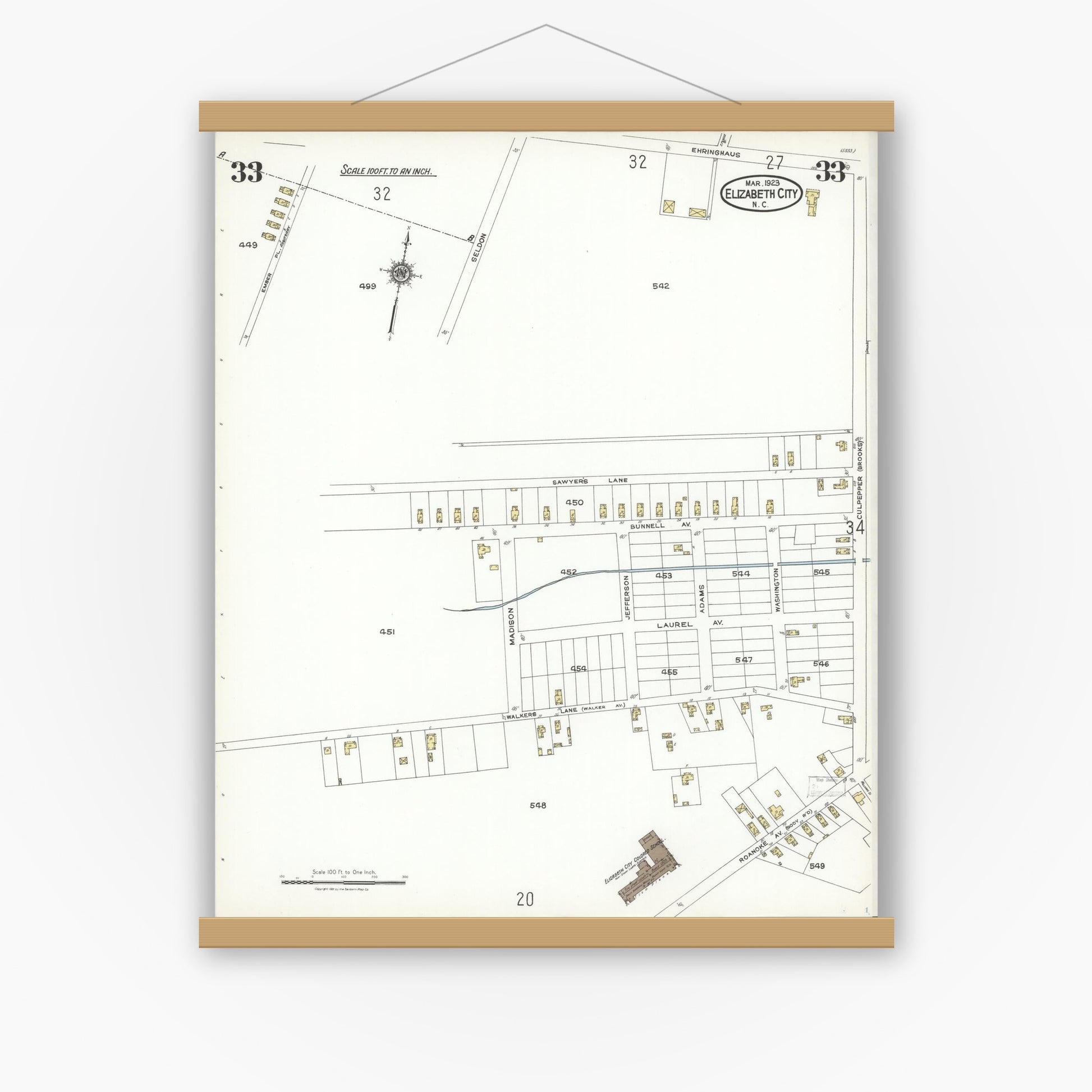 Old map wall art mockup — magnetic wood frame on white wall — Sanborn Fire Insurance Map from Elizabeth City, Pasquotank County, North Carolina (1923), Sheet #0033