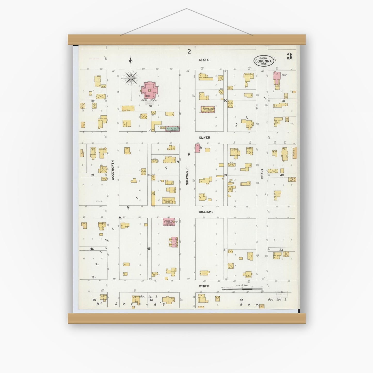 Old map wall art mockup — magnetic wood frame on white wall — Sanborn Fire Insurance Map from Corunna, Shiawassee County, Michigan (1900), Sheet #0003