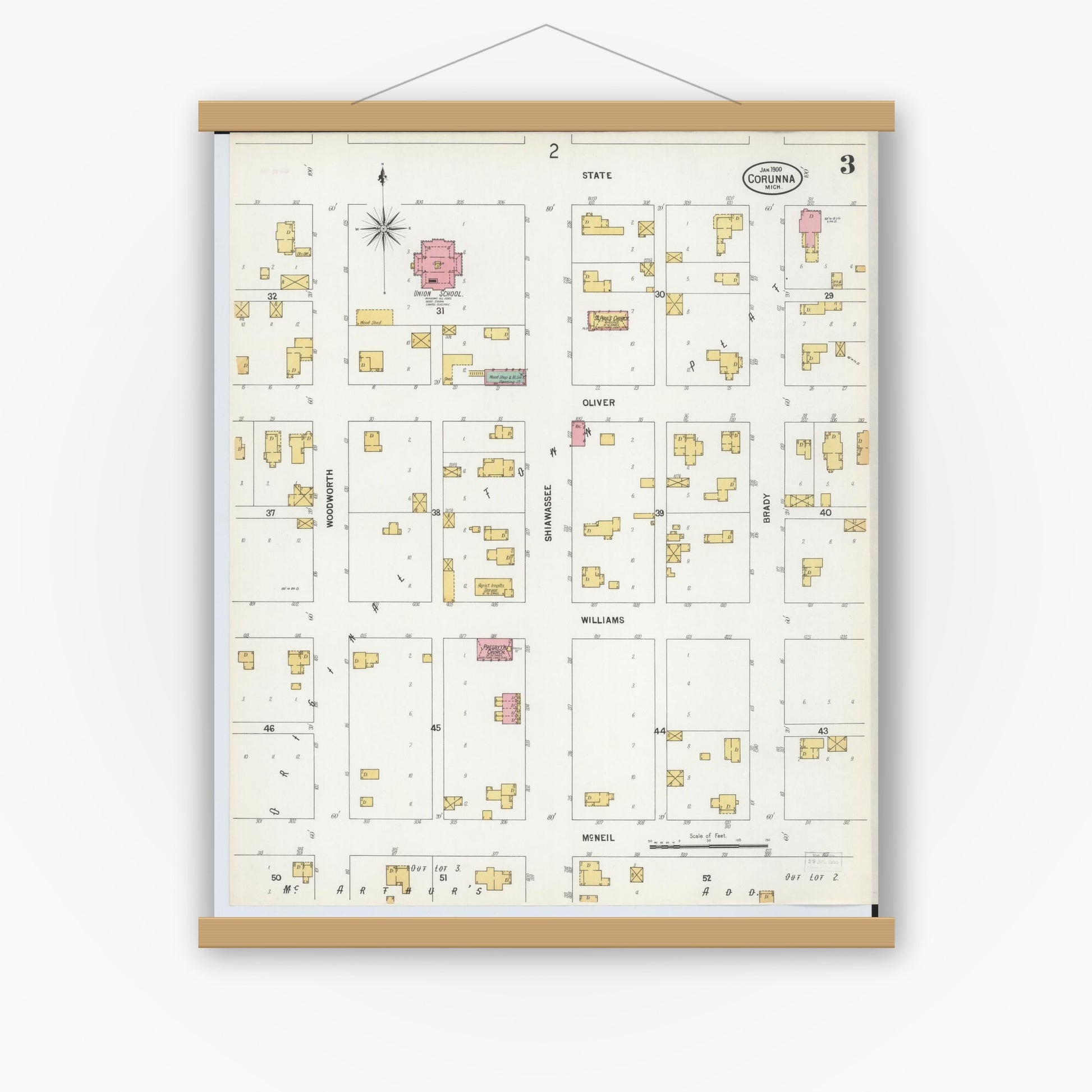 Old map wall art mockup — magnetic wood frame on white wall — Sanborn Fire Insurance Map from Corunna, Shiawassee County, Michigan (1900), Sheet #0003