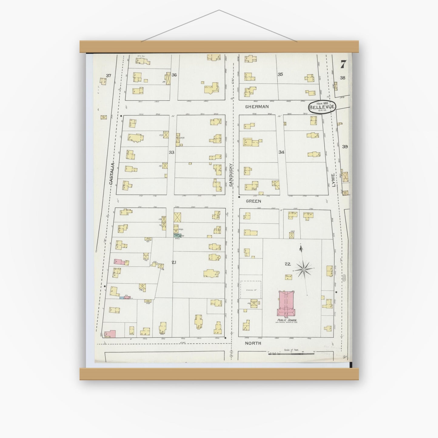 Old map wall art mockup — magnetic wood frame on white wall — Sanborn Fire Insurance Map from Bellevue, Huron And Sandusky County, Ohio (1893), Sheet #0007