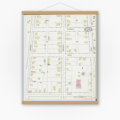 Old map wall art mockup — magnetic wood frame on white wall — Sanborn Fire Insurance Map from Bellevue, Huron And Sandusky County, Ohio (1893), Sheet #0007