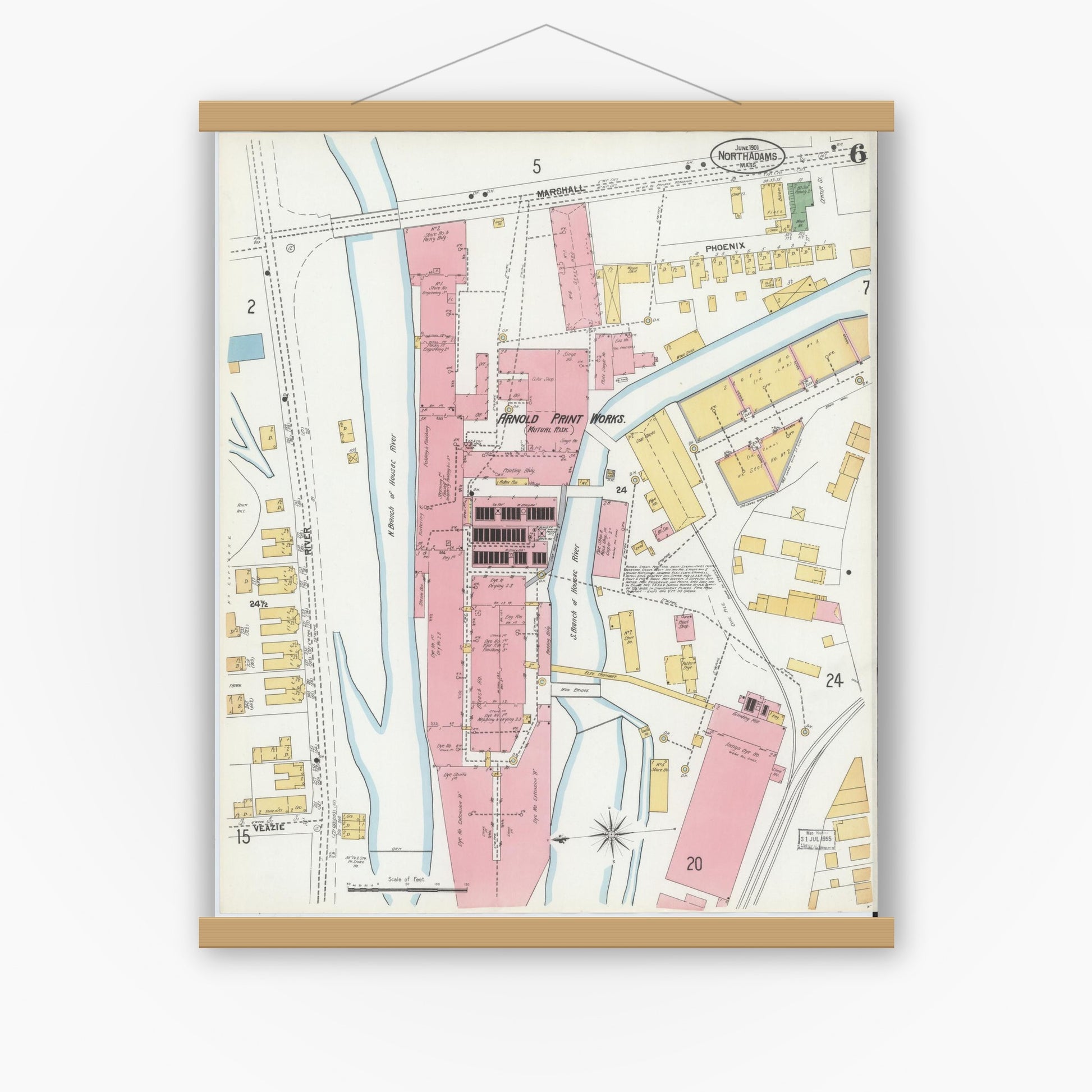 Old map wall art mockup — magnetic wood frame on white wall — Sanborn Fire Insurance Map from North Adams, Berkshire County, Massachusetts (1901), Sheet #0006