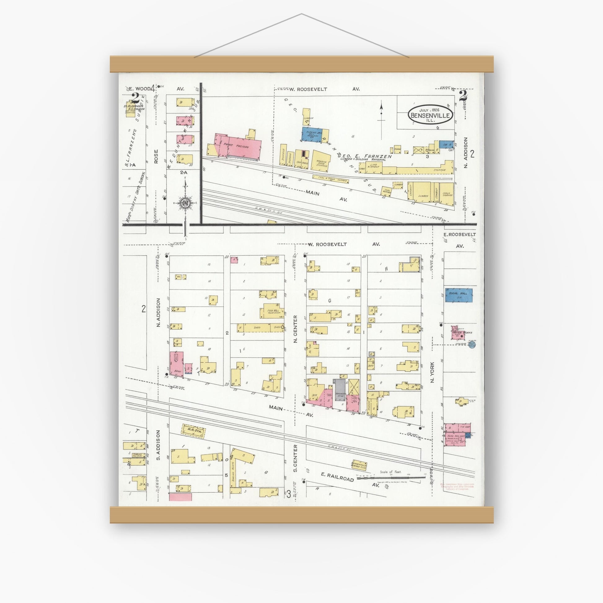 Old map wall art mockup — magnetic wood frame on white wall — Sanborn Fire Insurance Map from Bensenville, Dupage County, Illinois (1926), Sheet #0002