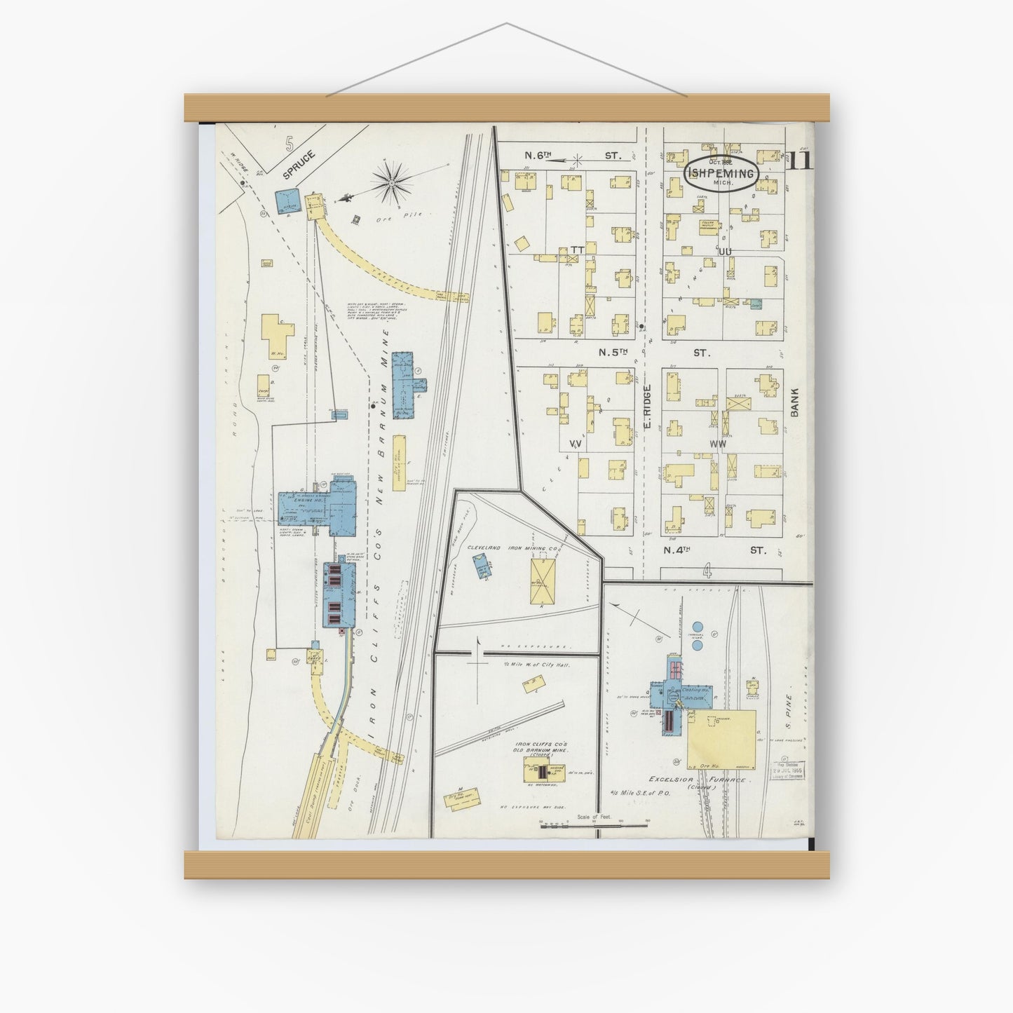Old map wall art mockup — magnetic wood frame on white wall — Sanborn Fire Insurance Map from Ishpeming, Marquette County, Michigan (1892), Sheet #0011